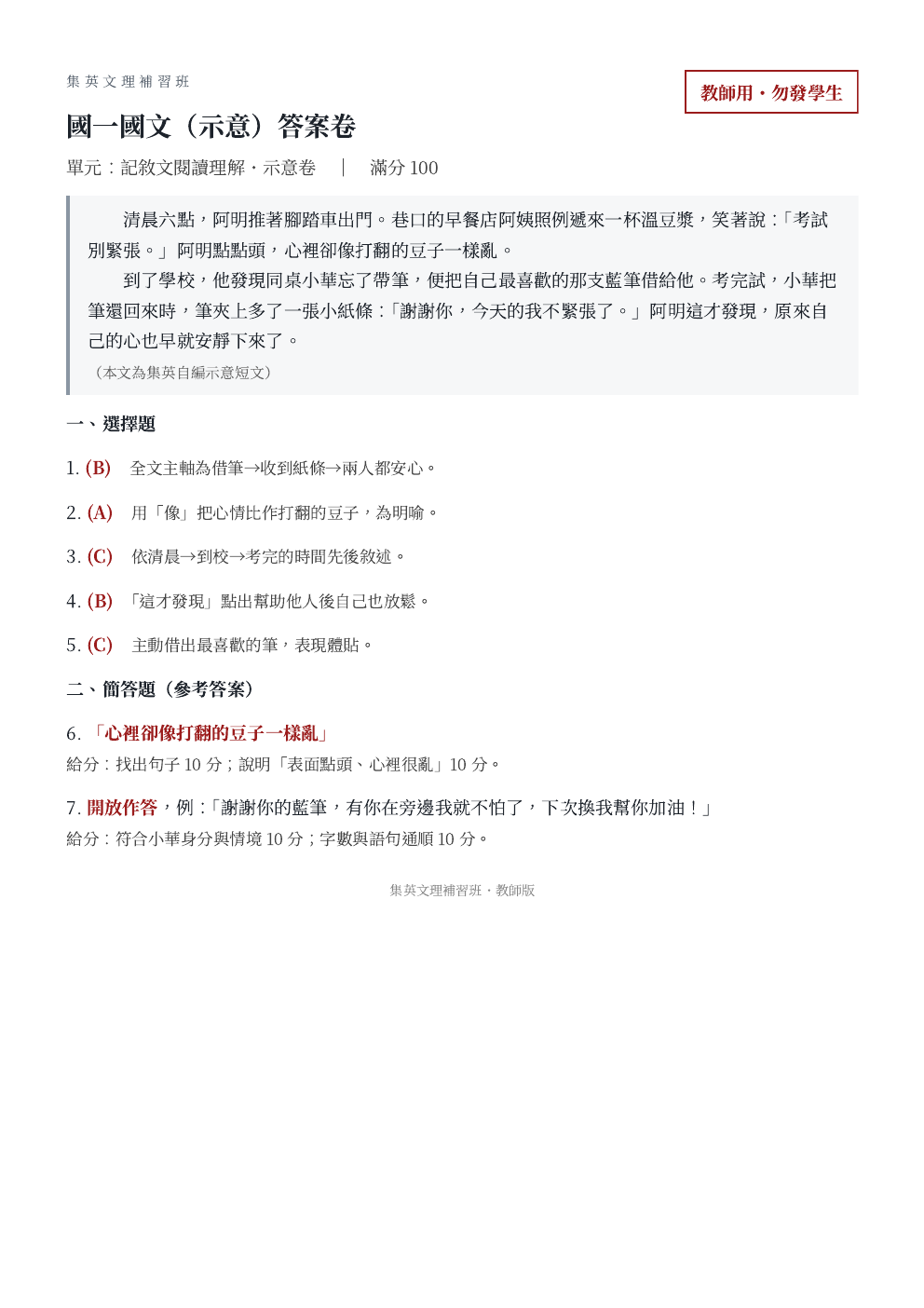 解答卷示意